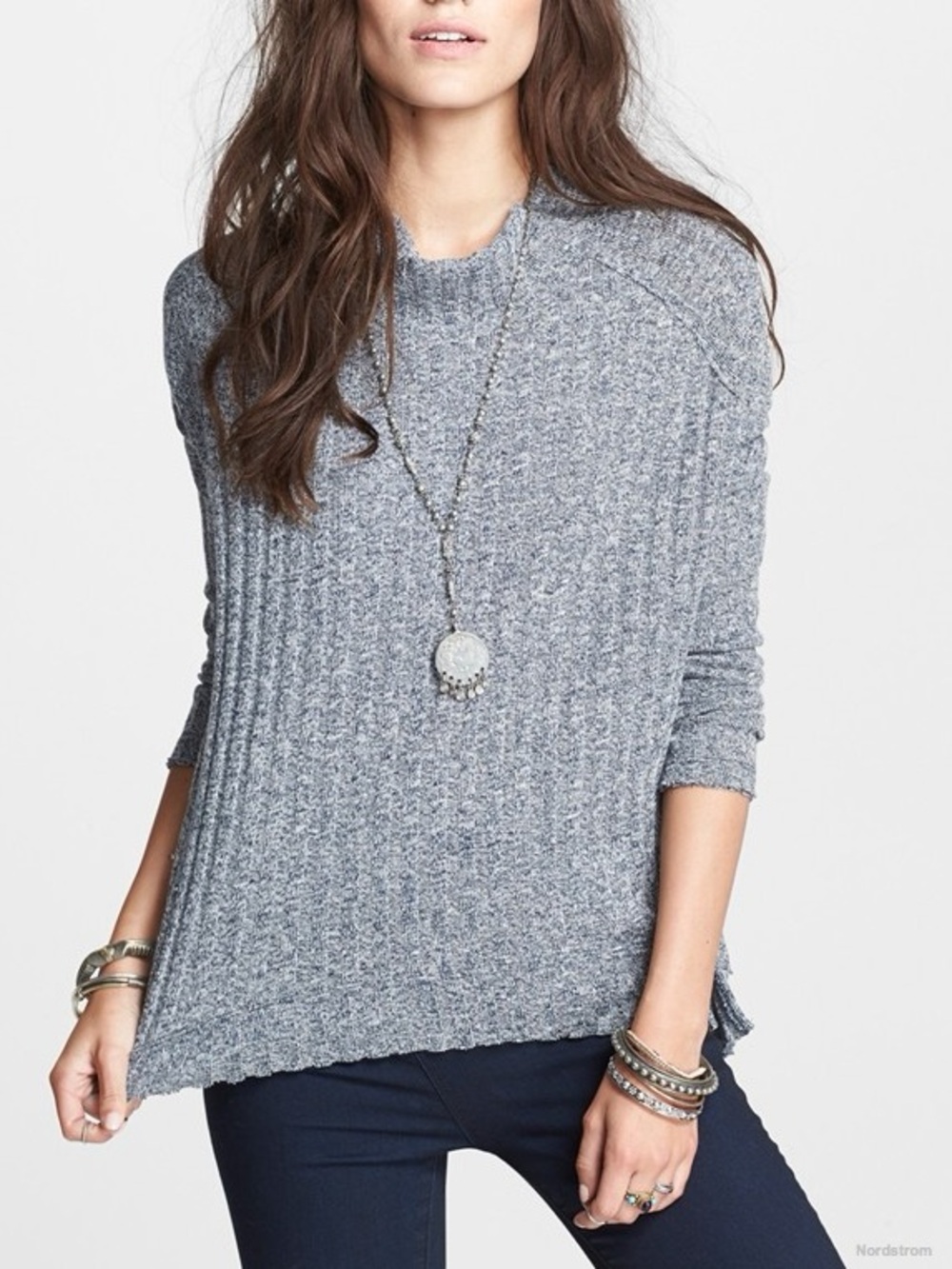Free People Clarissa Navy Marled Reconstructed Mock Neck Knit Top Casual Cozy S